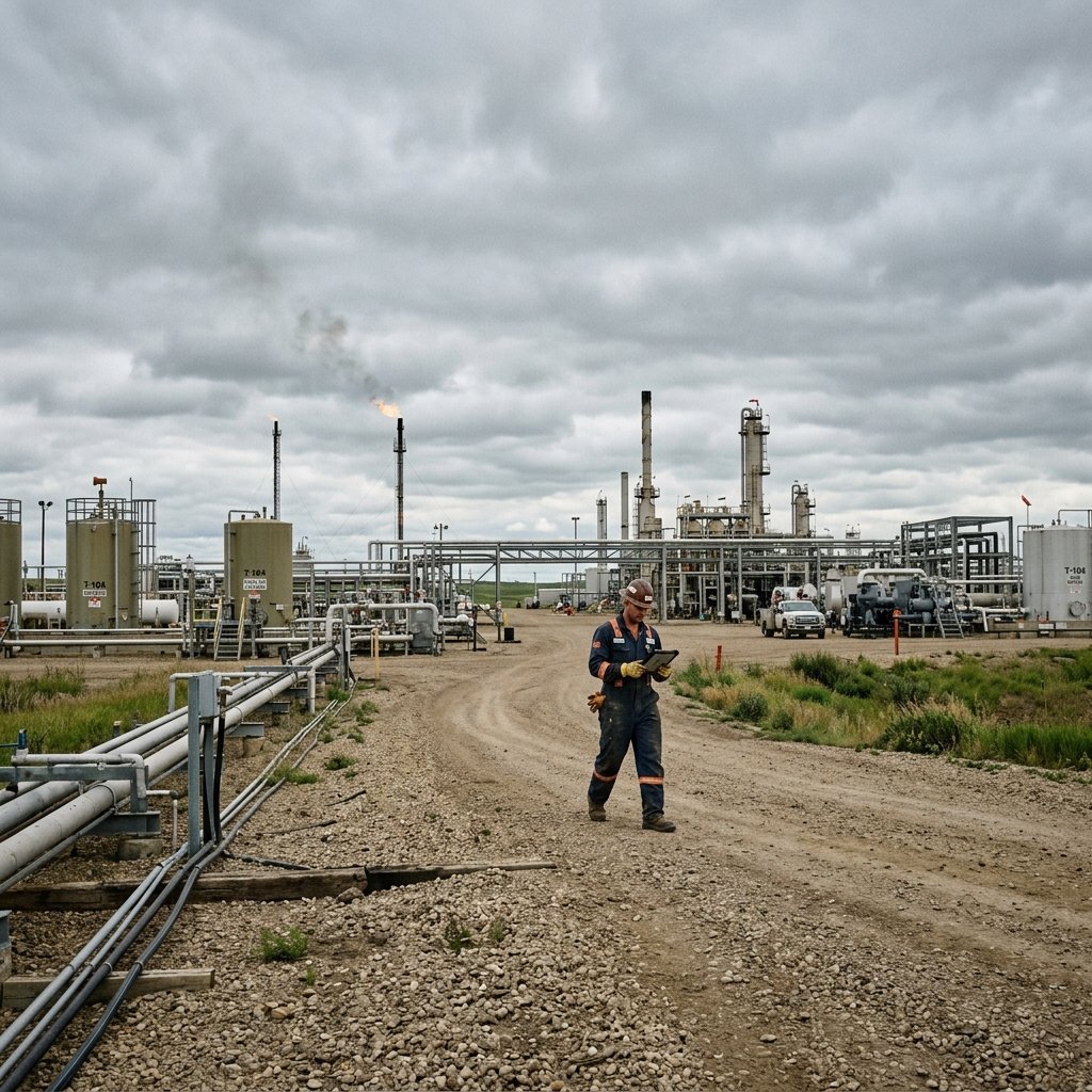 Field operator reviewing work at a wellsite